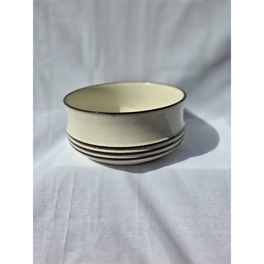 Vintage Unmarked Stoneware Serving Bowl Cream Brown Stripes 7.5" Farmhouse